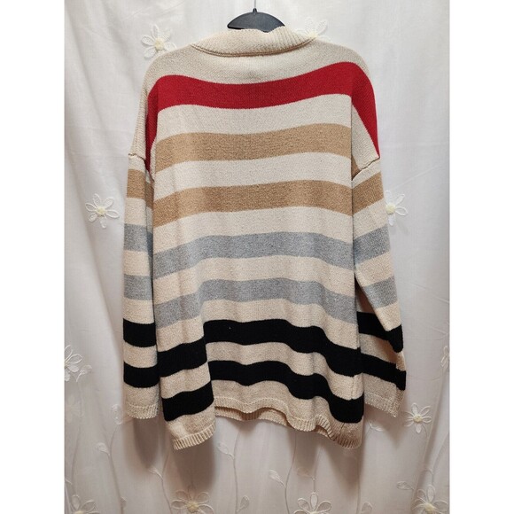 ANDTHEWHY WOMENS M/L BEIGE MULTICOLOR WIDE STRIPE SWEATER CHUNKY KNIT NAUTICAL - Picture 9 of 11